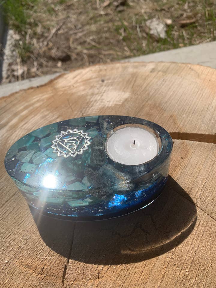 CHAKRA-THROAT Candle Holder for wholesale by Orgonics by Driftwood Works Inc