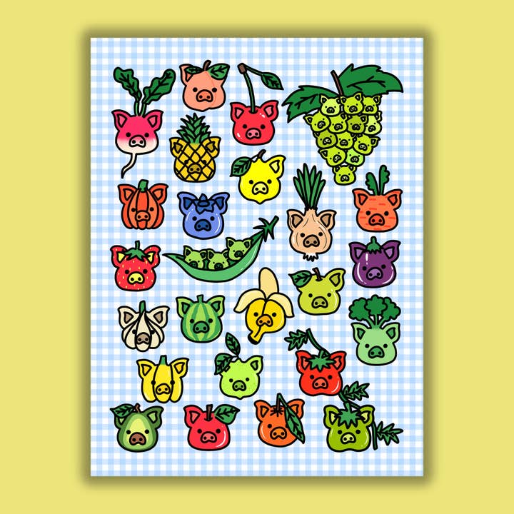 Fruit & Veg Pigs Illustrated A4 Print for wholesale by The Clay Drop