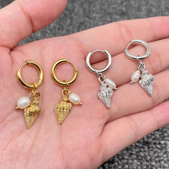Pearl & Conch Charm 18K Golden SS Huggie Earrings - FGS for wholesale by Mio Queena
