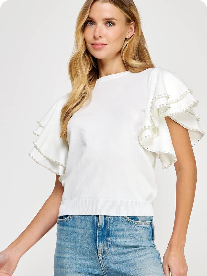 Double Layer Pearl Trim Knit Sweater Top for wholesale by Strut & Bolt