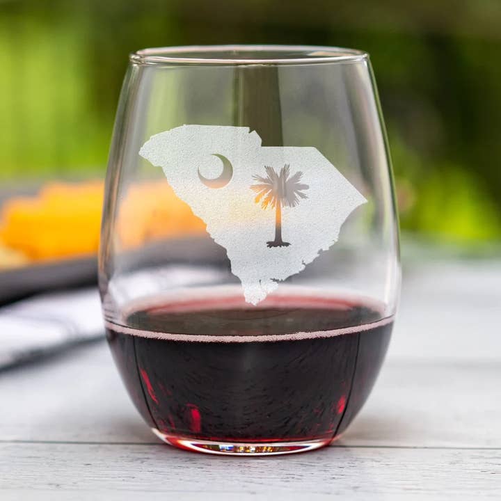 South Carolina Palmetto Tree Stemless Wine Glass for wholesale by Bravo Glass