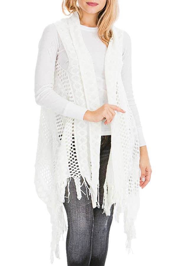 Cap Zone - Vendita all'ingrosso Gilè imbottito - Donna - Gilet lungo cardigan lavorato a maglia con frange lavorate all'uncinetto5