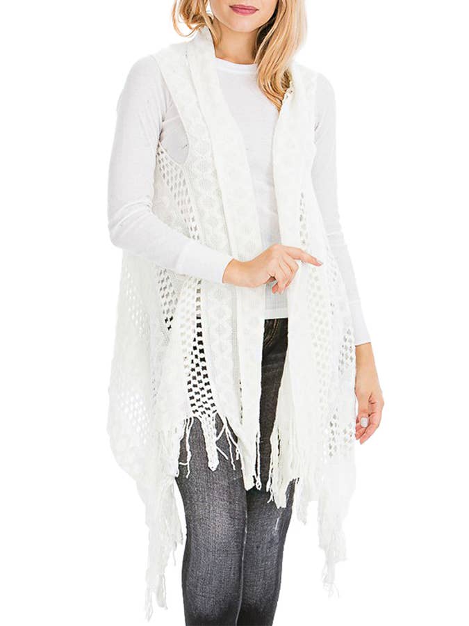 Cap Zone – Colete - Mulher por atacado – Cabo Crochet malha franja guarnição Cardigan Long Vest18