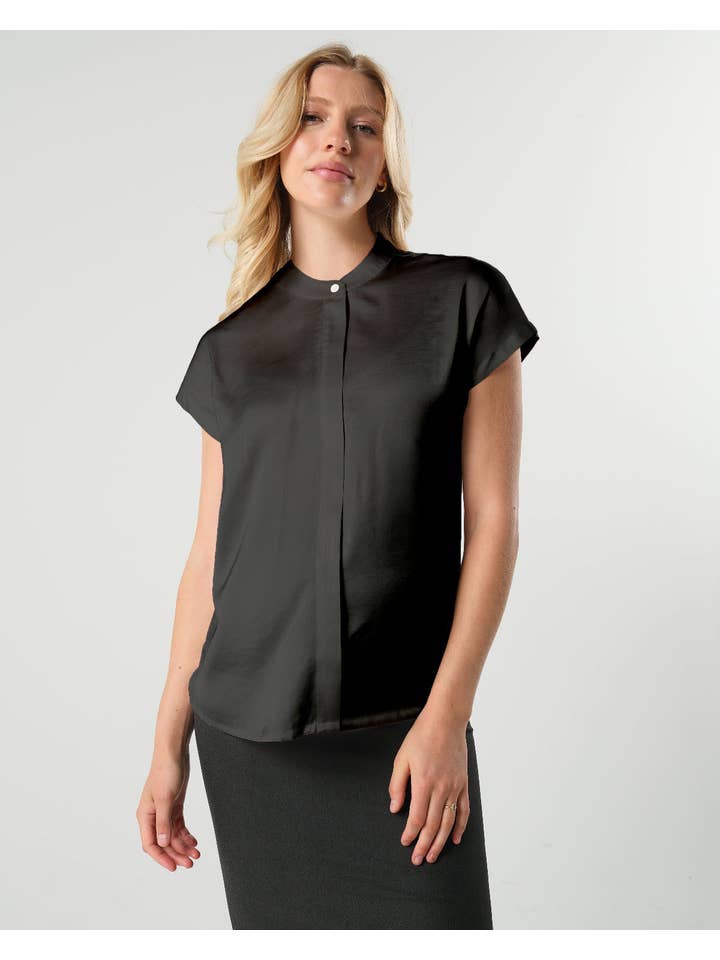 MARION – wholesale Blouse – Women’s – Short Sleeve Satin Maternity Shell Top with Concealed Nursing Zip - Peacock