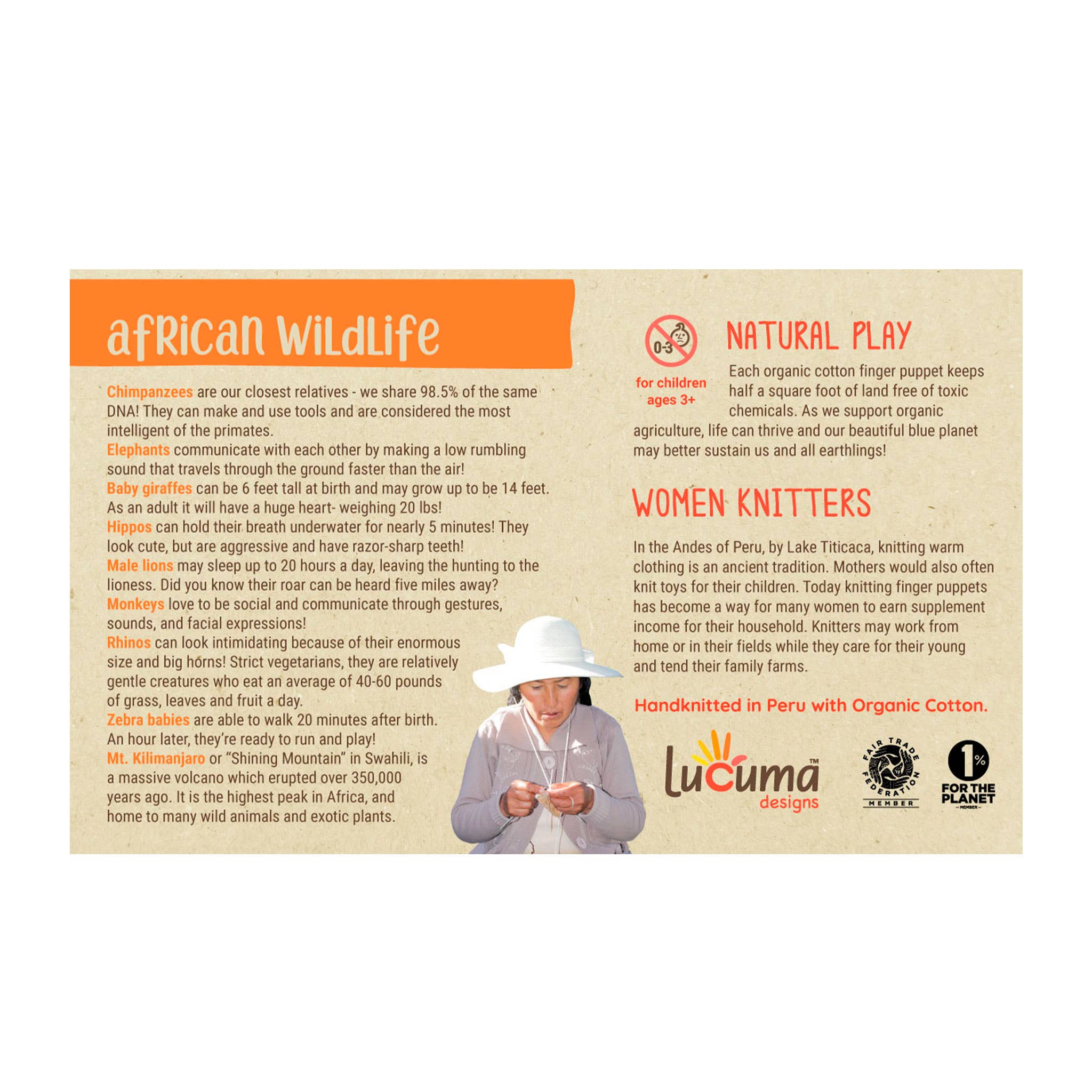 Lucuma Designs - Wholesale Finger Puppet - Kids & Baby - Africa Story Pack of 4 - Organic Cotton Finger Puppets - Natural Toy4