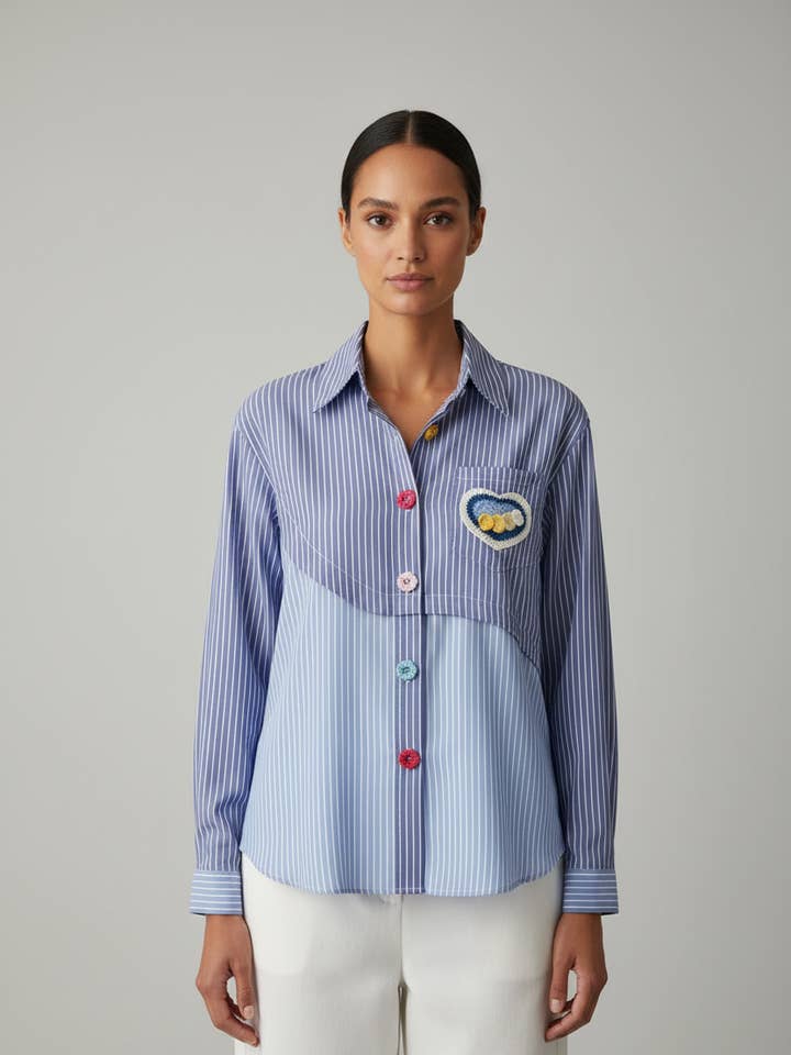 Chemise à boutons avec cœur à rayures patchwork pour la vente par LINZY