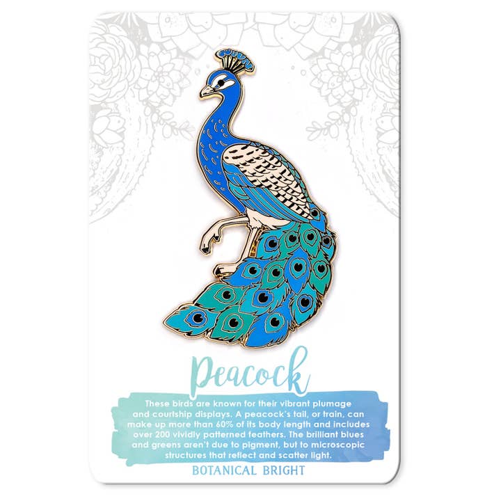 Peacock Deluxe Size Enamel Pin for wholesale by Botanical Bright