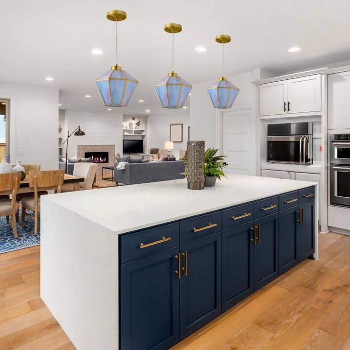 10"W Bouvier Blue/Pink Stained Glass Metal Pendant for wholesale by River of Goods