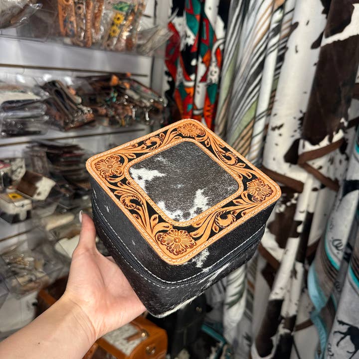 Genuine Black & White Cowhide Tooled Western Jewelry Box for wholesale by Sunshine Home Textile