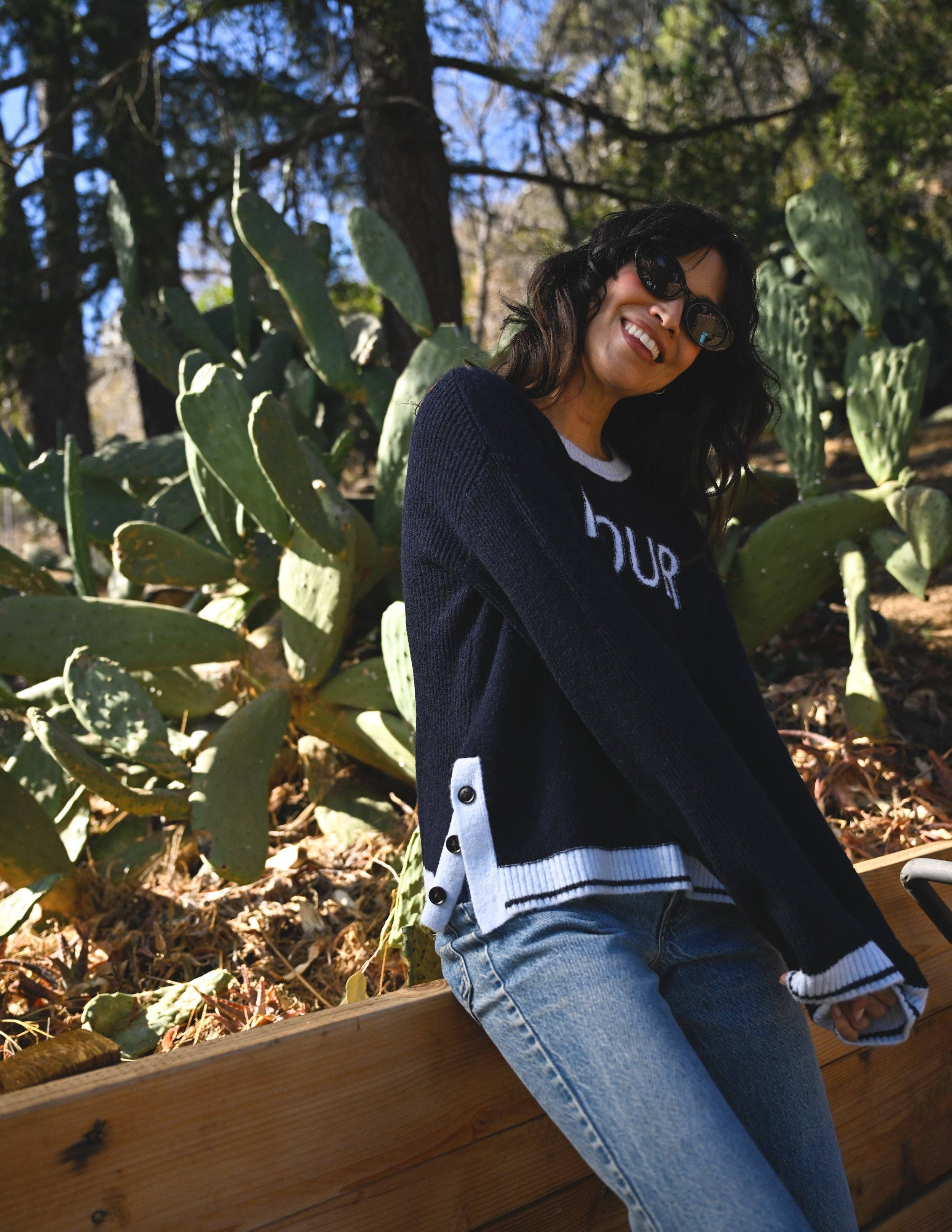 Sundry Amour Intarsia Sweater with Button Side Slits in Deep Navy for wholesale on Faire1