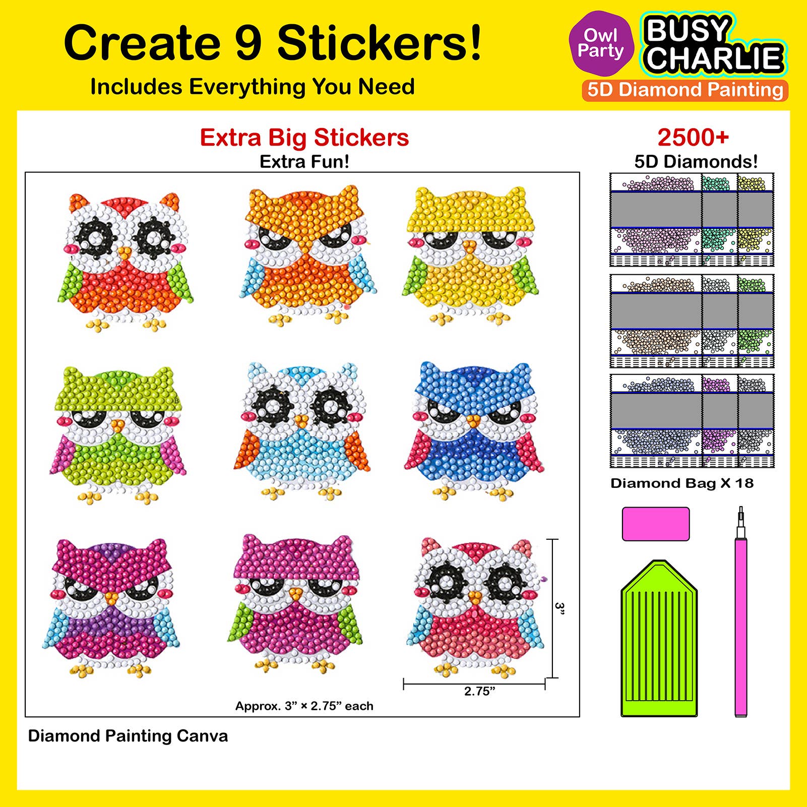 Busy Charlie LLC – Kit de artesanato DIY - Criança por atacado – Kit de pintura de diamante 5D para crianças - Owl Party1