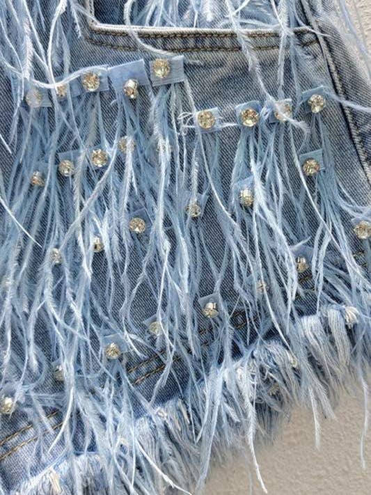 rhinestone feather denim shorts for wholesale by Fashion Combination