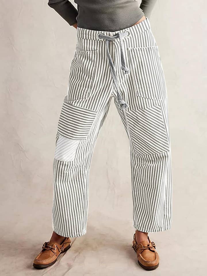 Dipped Shop - Wholesale Pants – Women's - Casual Splice Striped Drawstring Wide Leg Pants DP25D9196