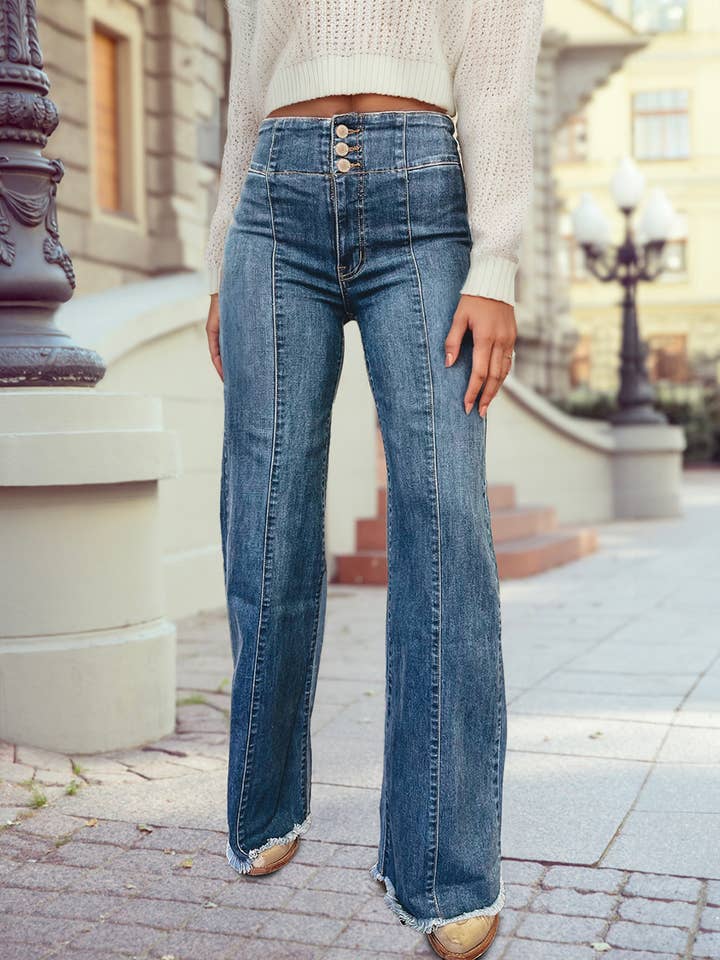 Sail Blue High Waist Button Fly Seamed Raw Hem Flare Jeans for wholesale on Faire