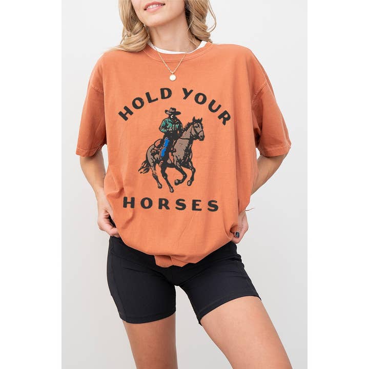 Illustrated Society - Wholesale Screen printed t-shirt – Women′s - HOLD YOUR HORSES VINTAGE GRAPHIC OVERSIZED TEE4