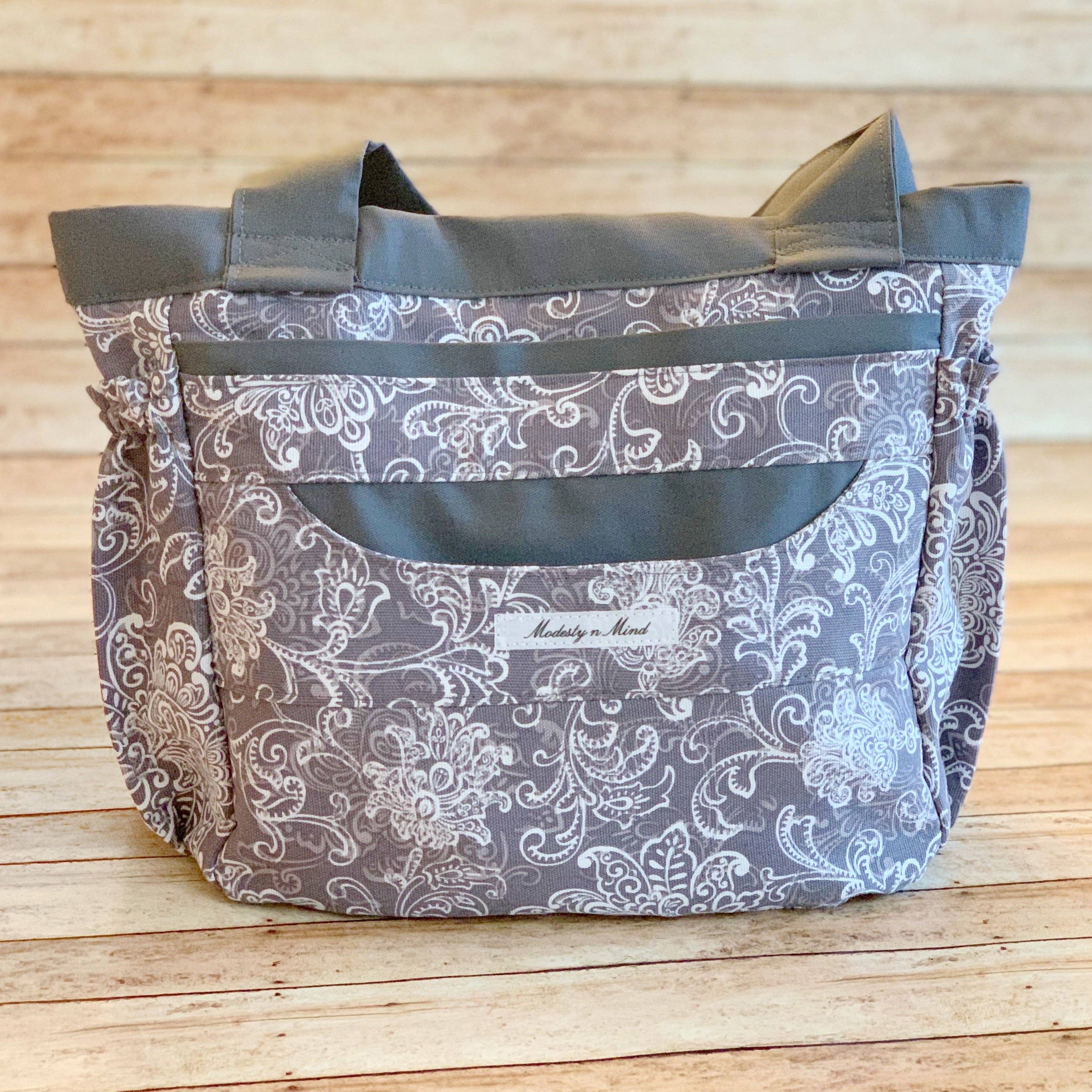 Modesty n Mind - Wholesale Tote Bag - Women's - Gray & White Mini Everything Tote1
