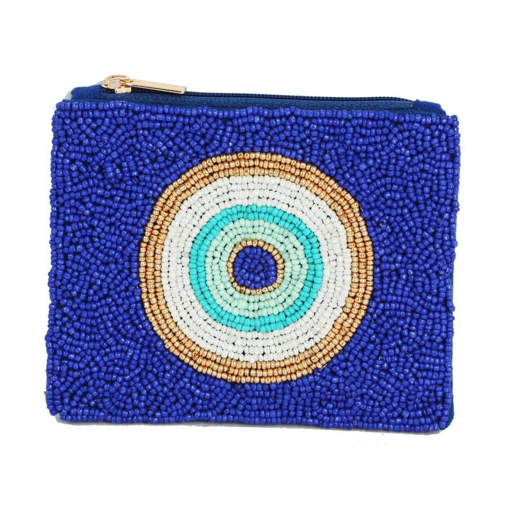 Ladies Fully Beaded Bulls Eye Blue Coin Purse for wholesale by Nima Accessories Inc