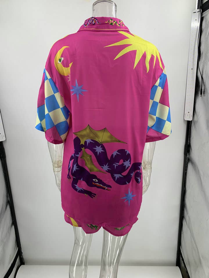 UNISHE - Vente Ensemble haut et short (PAS d'intérieur) - Femme - Ensemble d'été 2 pièces : blouse boutonnée imprimée et short5