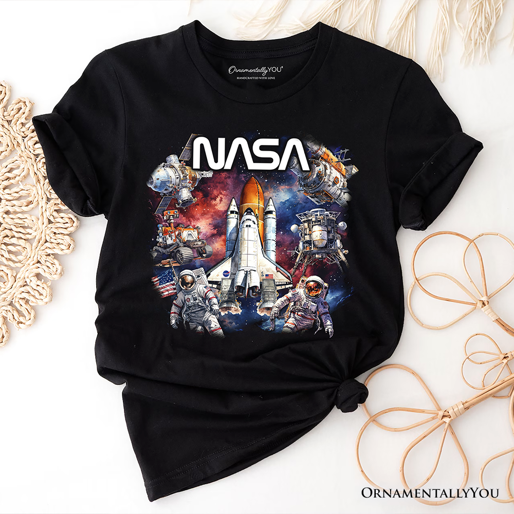 Black Artistic NASA Handcrafted Christmas T-Shirt, Astronaut for wholesale on Faire0