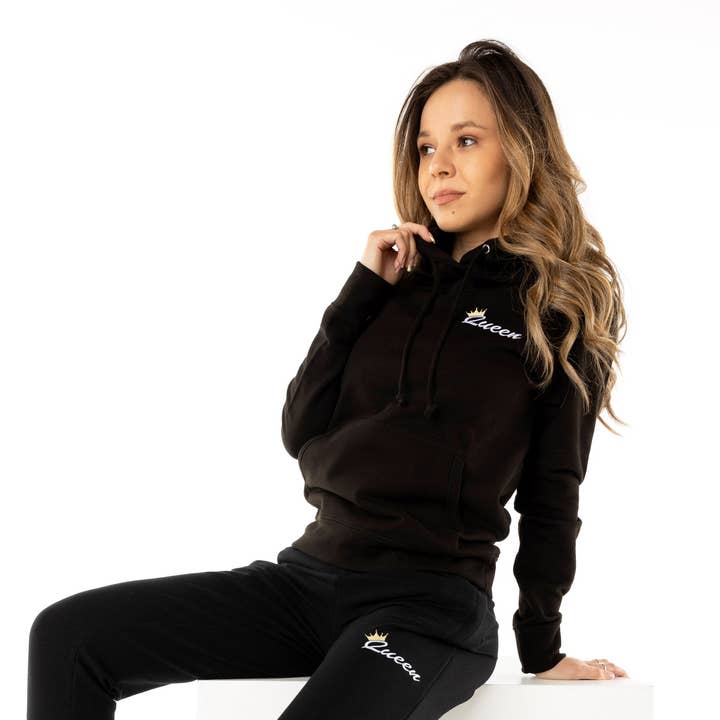 Moletom com capuz preto bordado Queen por atacado de Twisted Saint