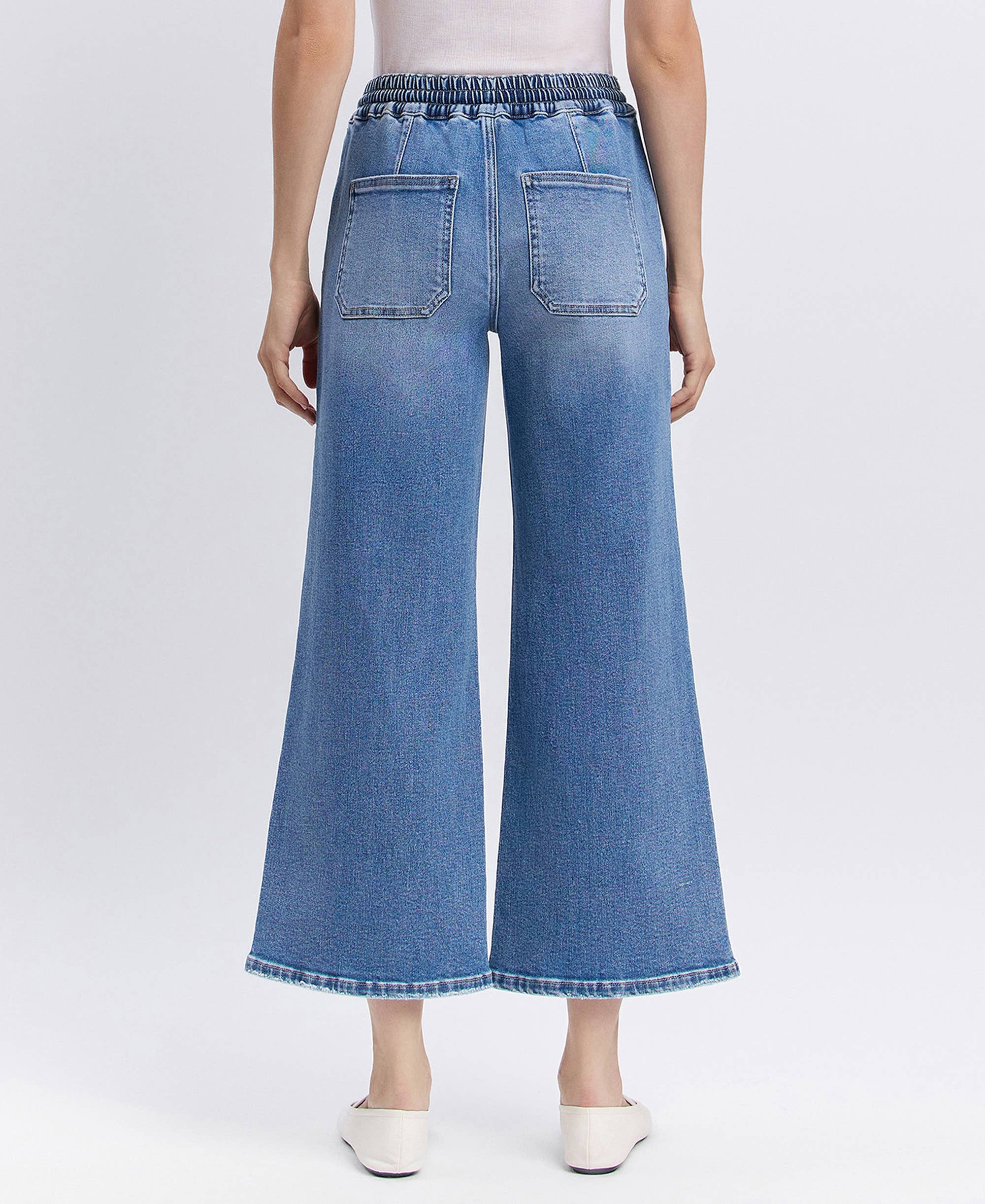 REASSURE HIGH RISE DRAWSTRING WAISTBAND WIDE LEG JEANS V3650 for wholesale on Faire1