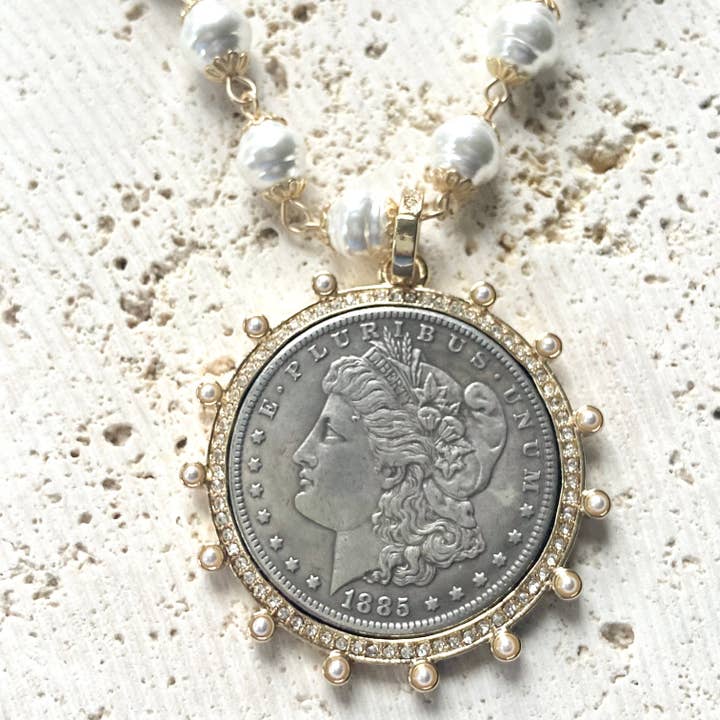 VB&CO Designs Handmade Jewelry - Wholesale Pendant/Charm Necklace - Morgan dollar coin necklace vintage pearl chain