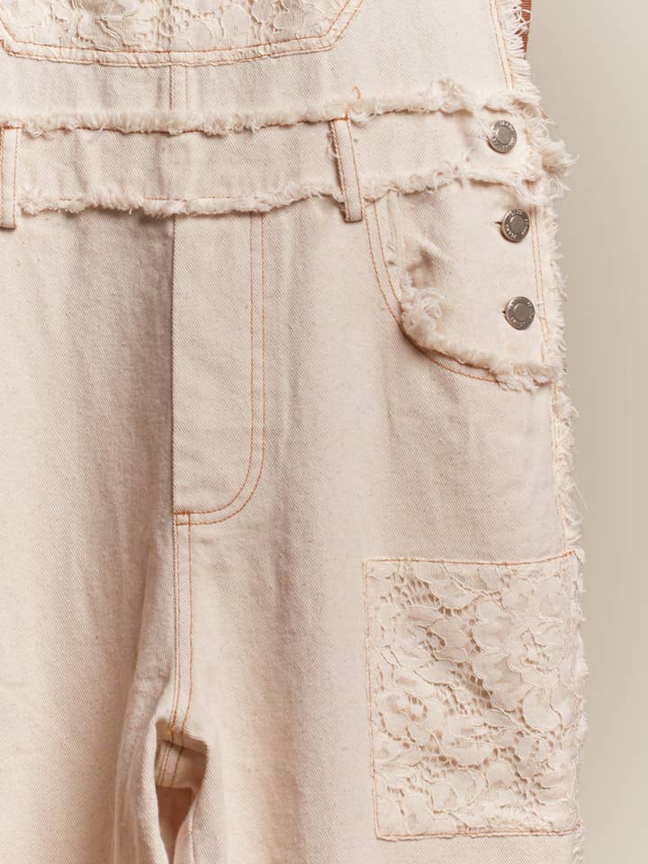 Ivory Washed Denim with Crochet Patchwork Overall for wholesale on Faire