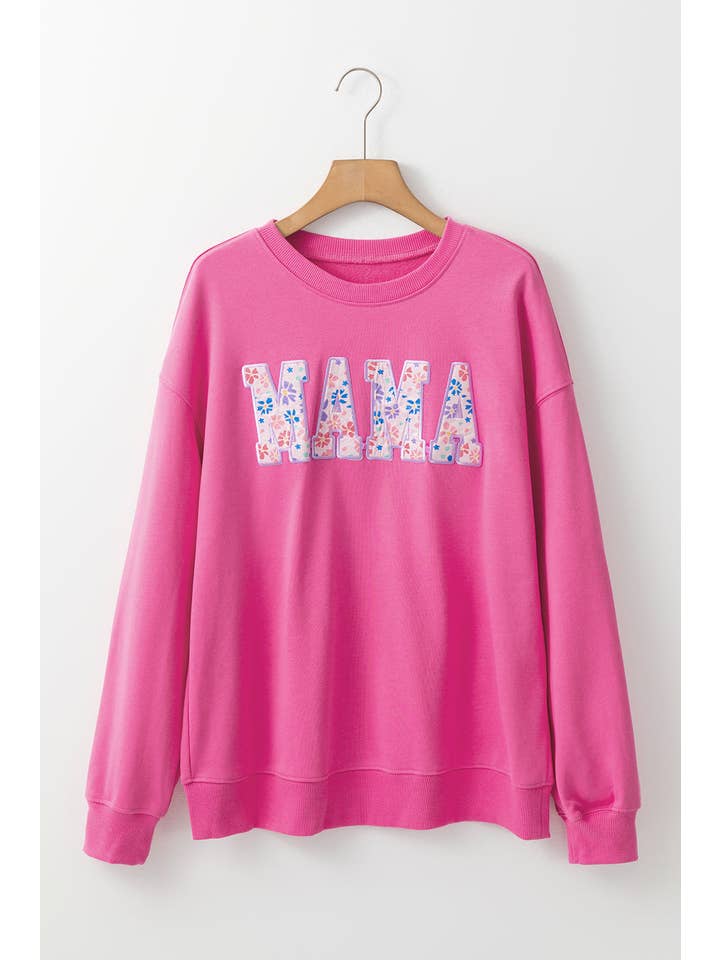 Rose Red Floral MAMA Embroidered Pullover Sweatshirt for wholesale on Faire