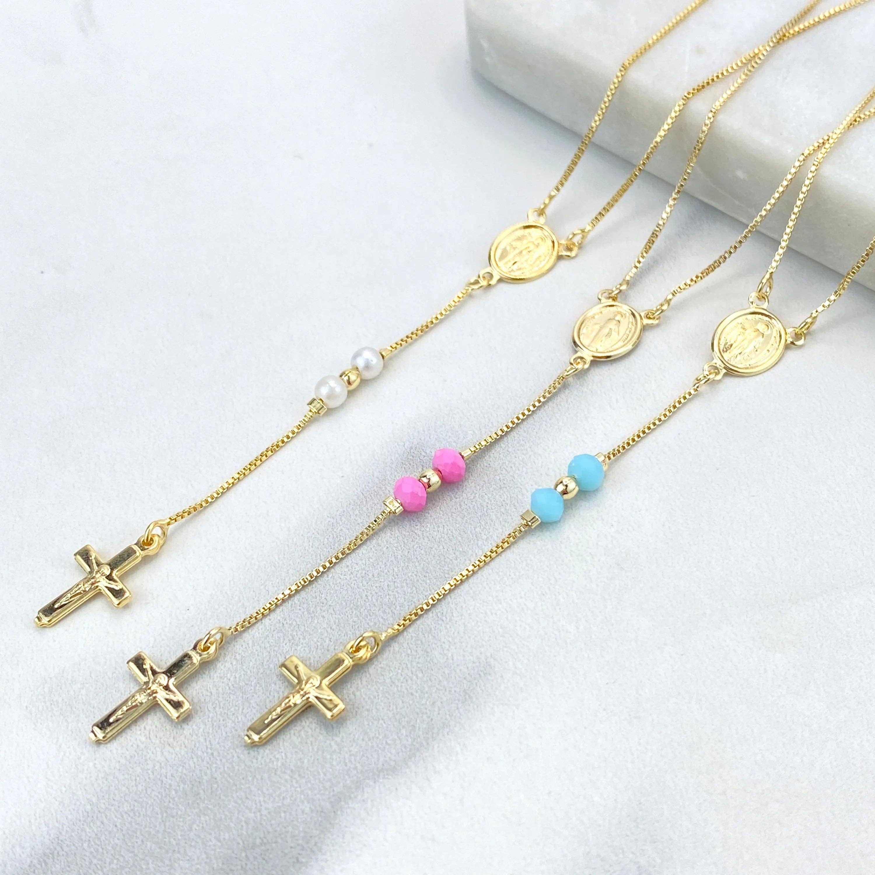 Luxus Accessories - Wholesale Prayer Beads Necklace - 18k Gold Filled Pastel Colored Beads Rosary with Miraculous Virgin Charm, Christian Catholic Rosary, Pink, Blue, or Pearl8