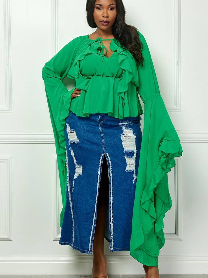 Plus Ruffled Bell Long Shirred Sleeves Blouse Top for wholesale by Namatt Design