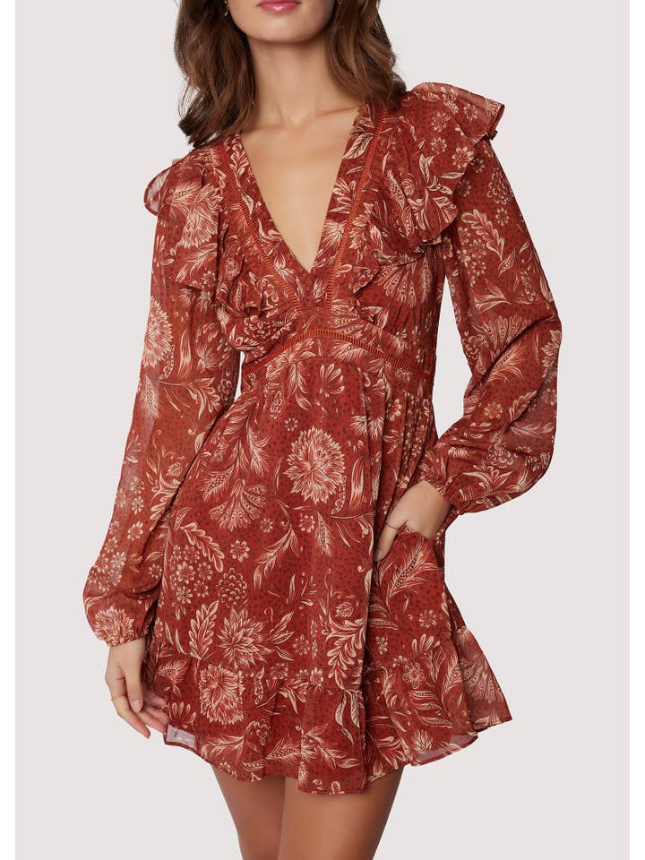 Florencia Mini Dress - Rust Fall V-Neck Long Slv Ruffle for wholesale on Faire