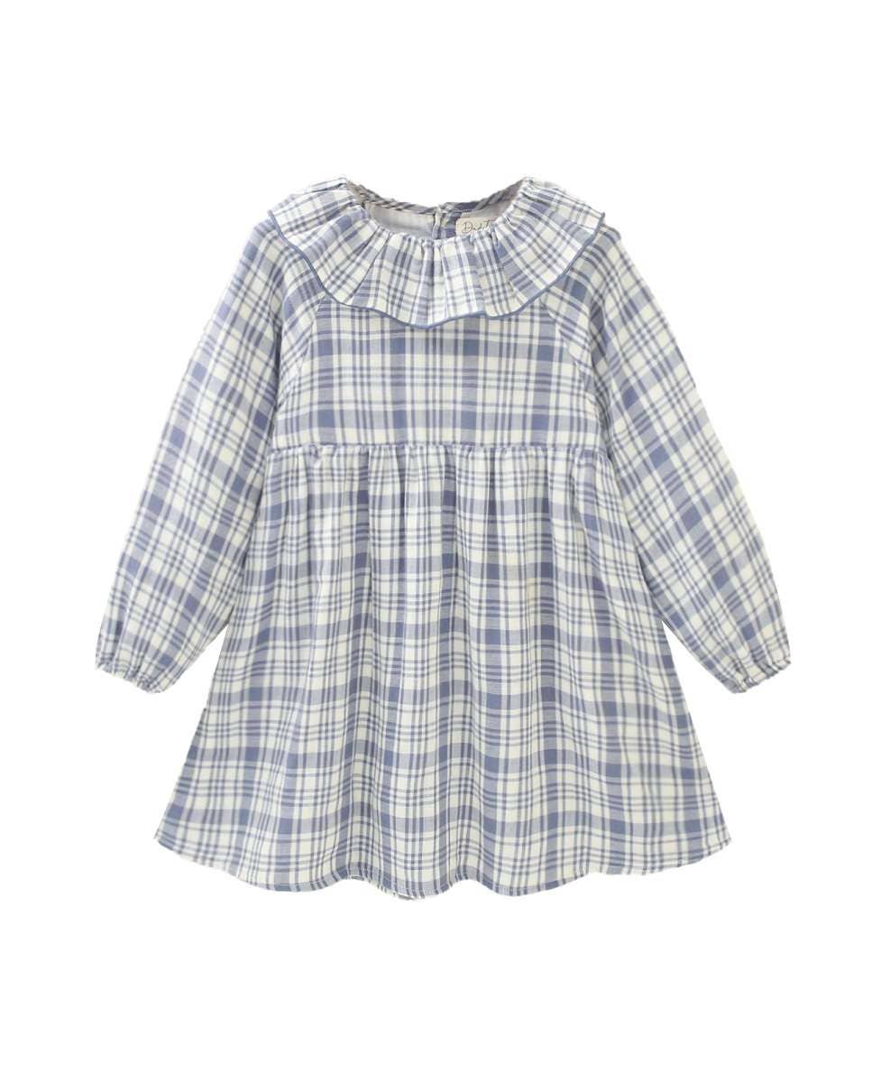 Blue Checkered Girl's Dress With Ruffle On The Neck for wholesale on Faire