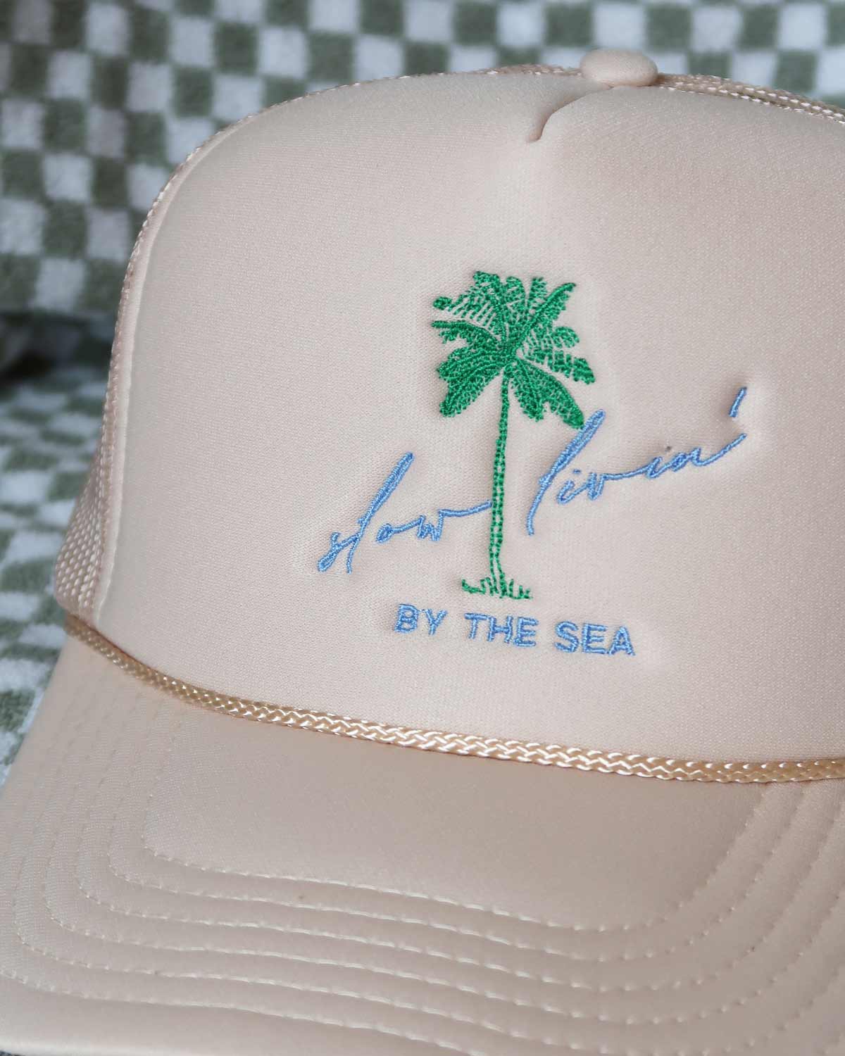 Sundrop - Wholesale Trucker Hat - Unisex - Slow Livin' By The Sea Embroidered Tan Trucker Hat - Palm1