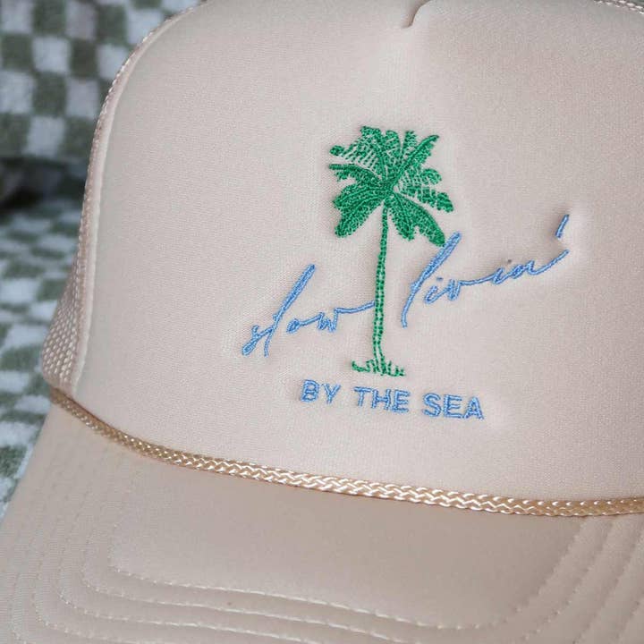 Sundrop - Wholesale Trucker Hat - Unisex - Slow Livin' By The Sea Embroidered Tan Trucker Hat - Palm1