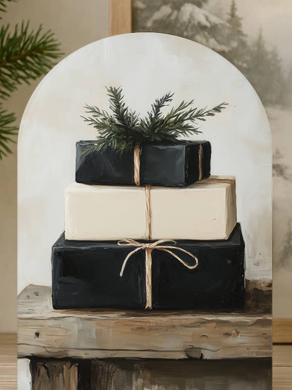 Stacked Gifts Arch Wall Art – Neutral Christmas Decor for wholesale by The 19th Collective