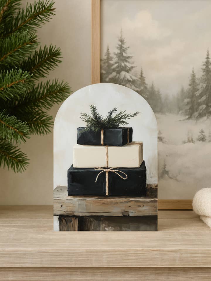 Stacked Gifts Arch Wall Art – Neutral Christmas Decor for wholesale by The 19th Collective