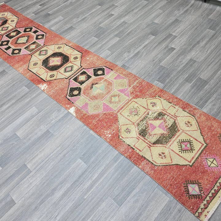 Vintage Turkish Runner Rug: Coral Oushak Medallion Hallway Carpet for wholesale by MesopotamiaRugs