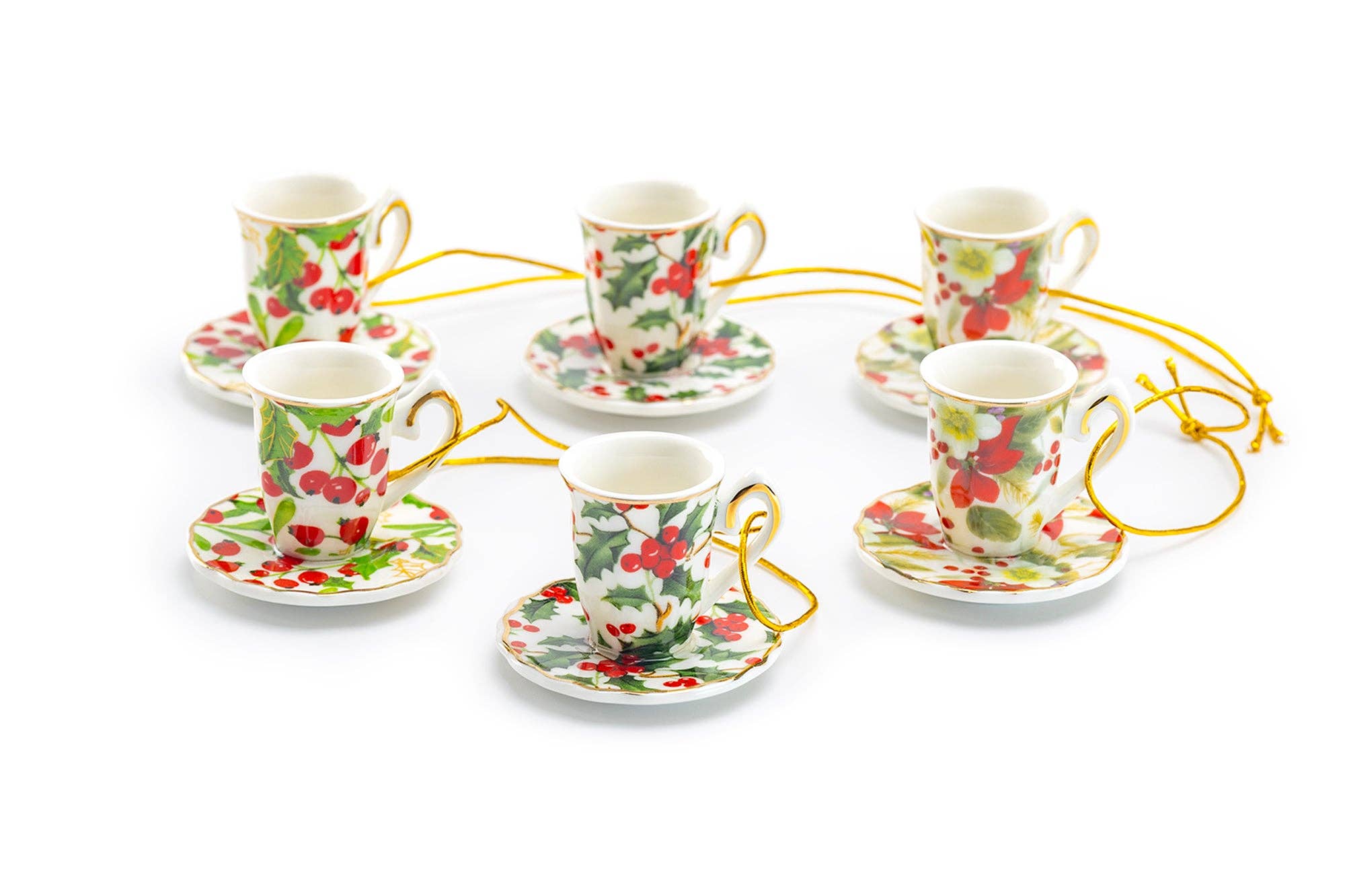 Grace Teaware - Wholesale Ornament Set - Holly Berries and Poinsettia Assorted Mini Teacups Ornament Set of 63