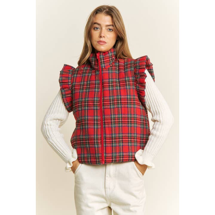 Red EVERYDAY PLAID PUFF ZIP UP VEST JACKET with ARMHOLE RUFFLE D for wholesale on Faire9