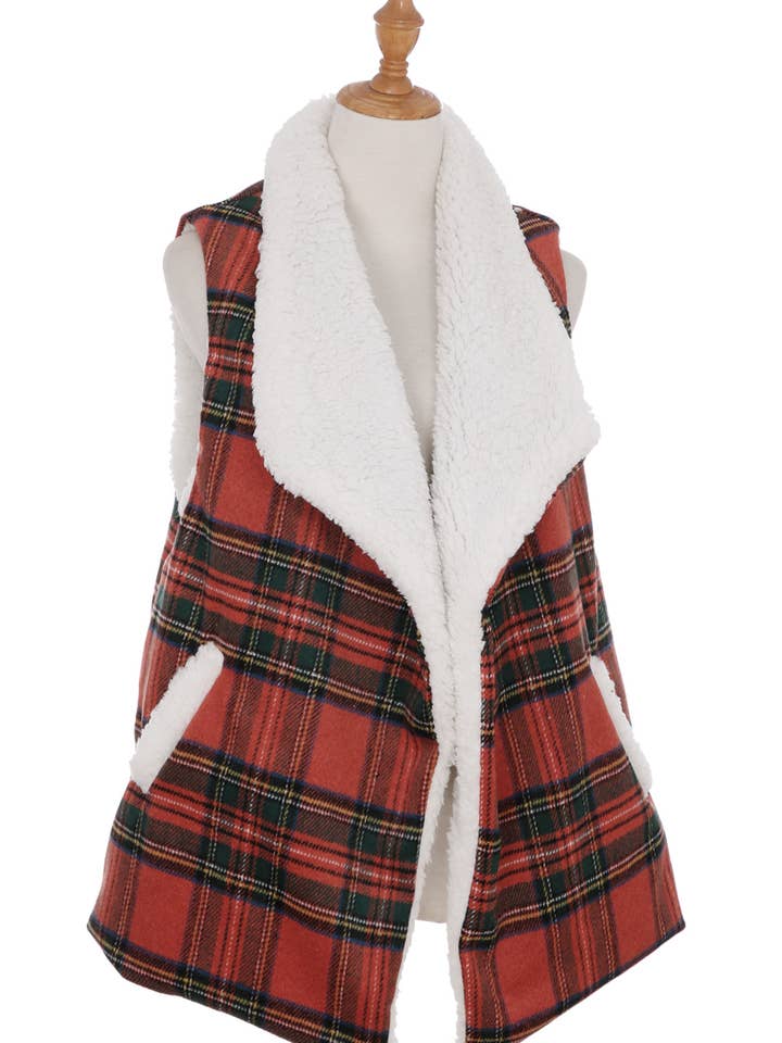 BRICK RED FASHION PLAID COZY VEST, AO 6078 for wholesale on Faire0