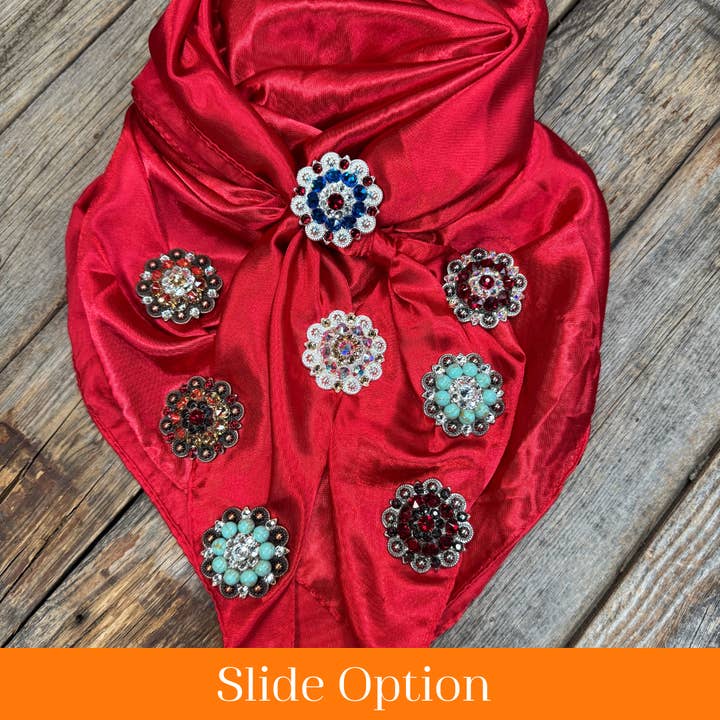 35X35" Solid Electric Red Wild Rag / Scarf WRS10 - Crystal Concho Wild Rag Slides - Assorted for wholesale by Rodeo Drive