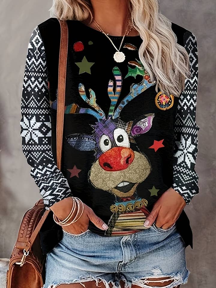 NINEXIS - Wholesale Knit Sweater - Women's - CWOSWL07612_CHRISTMAS PATTERN CASUAL KNIT LONG SLEEVE TEE1