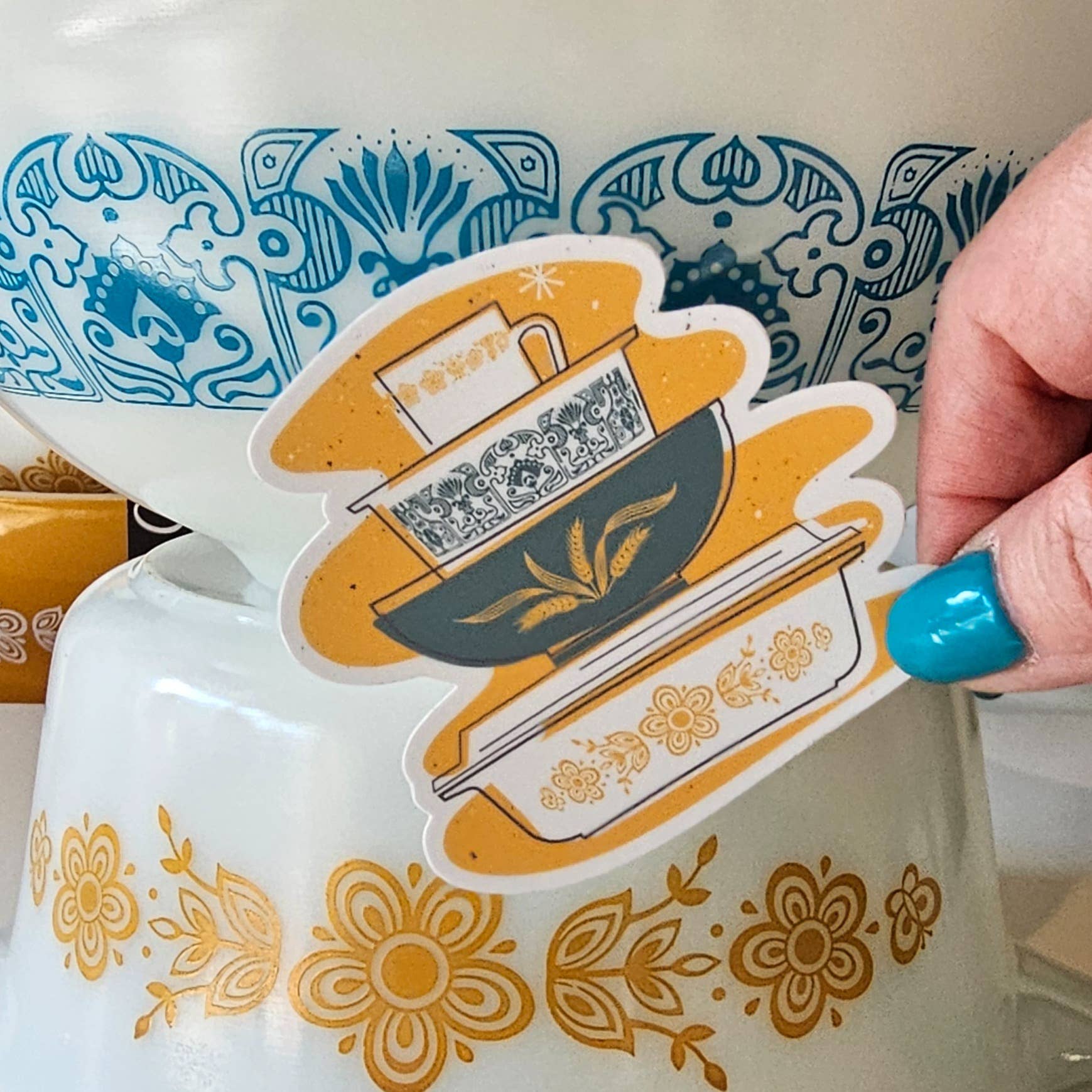 JoRetro - Wholesale Sticker - Pyrex Sticker - Butterfly Gold Bowl Stack  1