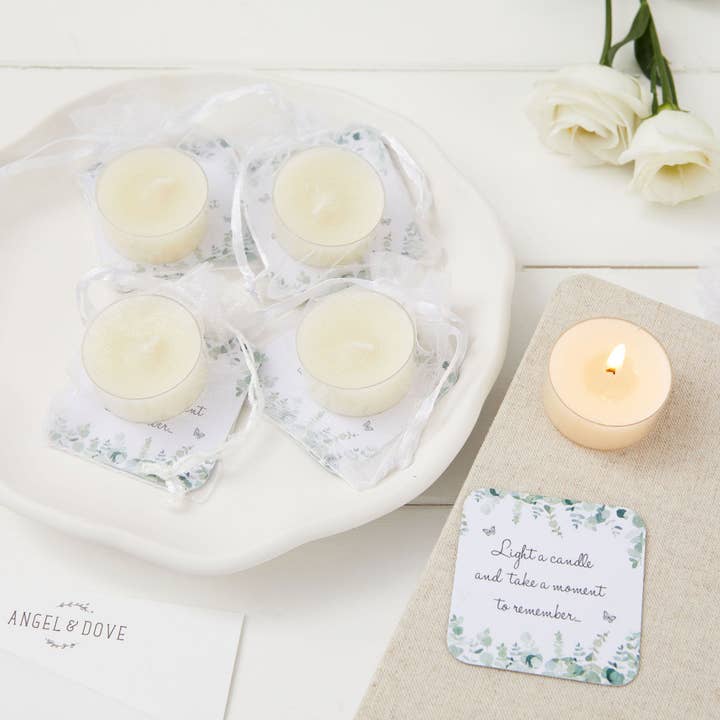 5-100 Tealight Candle Funeral Favours - Eucalyptus Design for wholesale by Angel & Dove