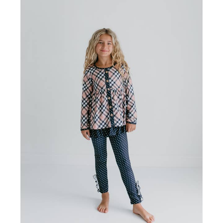 Adorable Sweetness - Wholesale Top & Pant Set - Kids - Girls Tan Plaid & Polka Dot Ruffle Pocket Button Legging Set