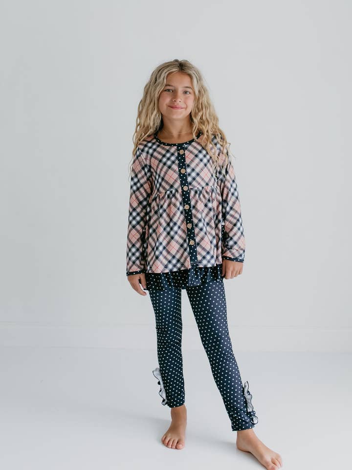 Girls Tan Plaid & Polka Dot Ruffle Pocket Button Legging Set and other Purchase Wholesale fall sets. Free Returns & Net 60 Terms on Faire trending on Faire.