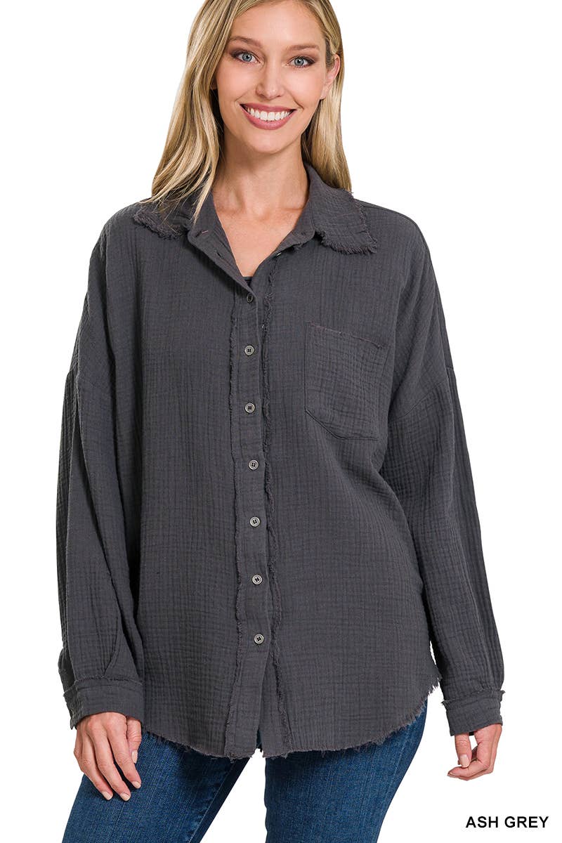 42POPS - Wholesale Button Down Shirt - Women's - `.Oversized Raw Edge Shirt W/ Back Patch48