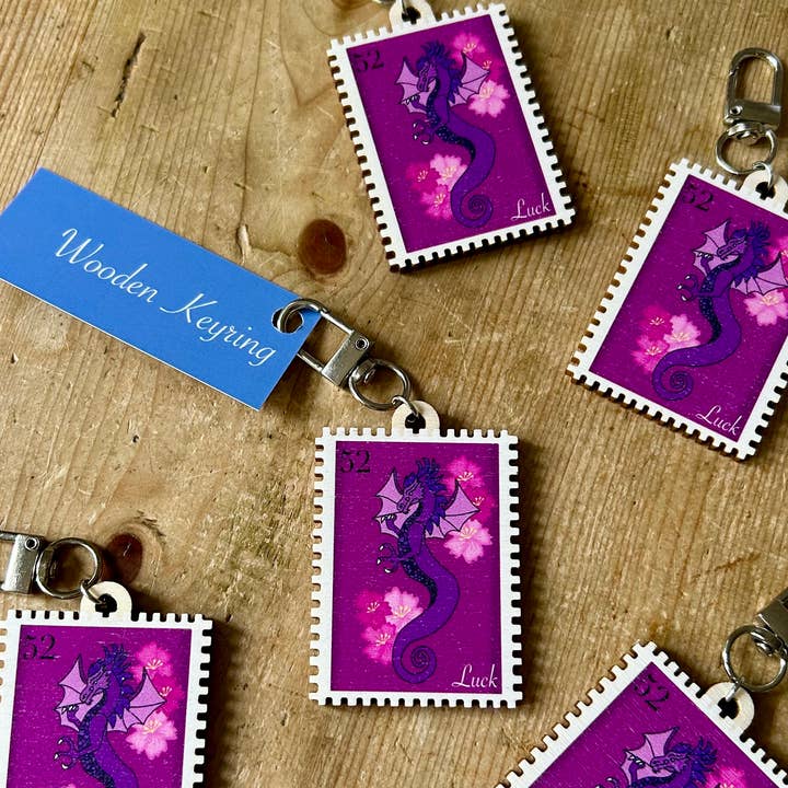 Luck Dragon Wooden keyring for wholesale by Bird Stamp Designs