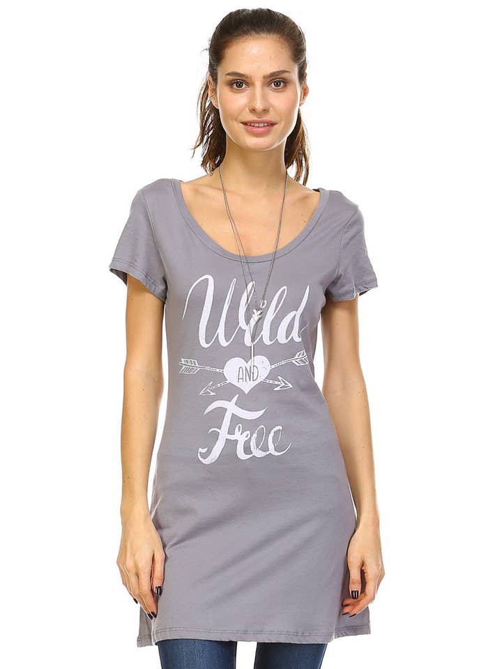 Cotton V neck Short sleeve Wild & free Graphic Tee tunic for wholesale by Urban X Apparel