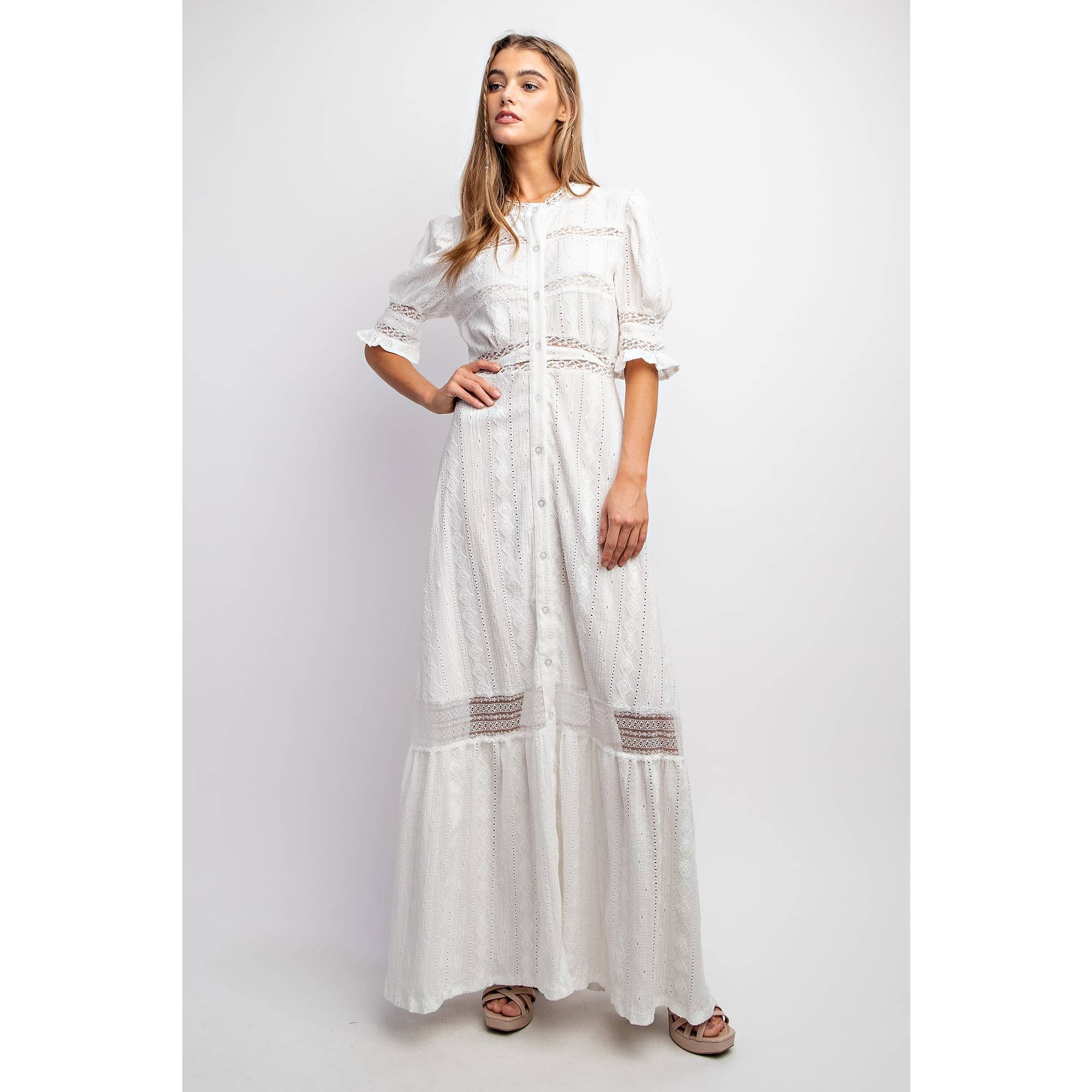Sweet Generis - Wholesale Dress - Women's - CHIC WOVEN MAXI BUTTON DOWN SHIRT DRESS WITH TRIM LACE DETAI13